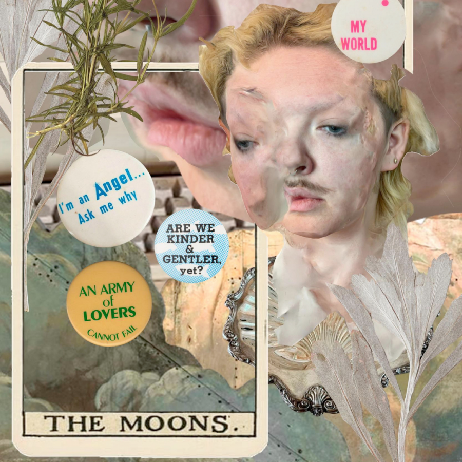 A collage featuring an assortment of images: distorted 3D scans of the artist’s white body and face morph in and out of each other, cloud scenery props from various theatre productions, and assorted older “nostalgic” technology and scanned plants from the artists private collection are layered overtop. In the bottom-middle of the work a border of a reconstructed tarot card reads “The Moons.” Various buttons scattered throughout, with various bits of short text on them.