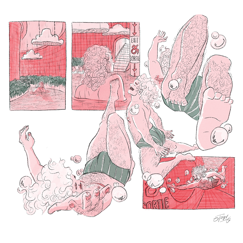 This drawing is a group of panels from Toby’s in-progress debut graphic novel, Adagio. The panels show a character named Lucky, a white transsexual wearing soaking wet long blond curly hair and moustache, wading through the water of an indoor lazy river. He approaches a set of stairs beside a wheelchair exit sign pointing to under the water, and swims to follow the sign to an underwater tunnel. 
