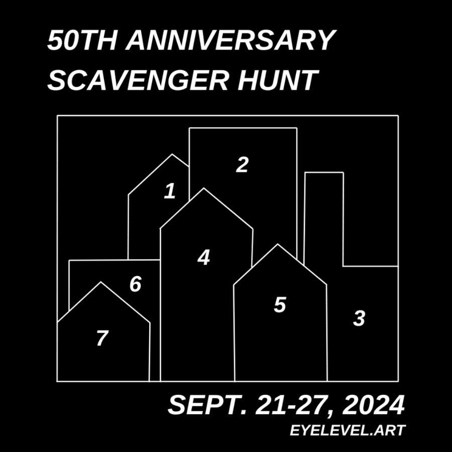A square image with a black background. The top corner has, in white block italicized letters, “Eyelevel Gallery’s Fiftieth Anniversary Scavenger Hunt”. In the center is a silhouette graphic of a cityscape with each building numbered. The text on the bottom of the image reads “September twenty first to September twenty seventh, twenty twenty four”. Below that in smaller text is our website URL, eyelevel.art . 