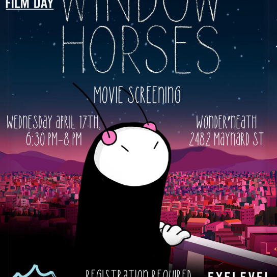 ID: A poster for Window Horses, an animated film, shows a cartoonish and stylized drawing of a figure with a round white face, short lines for eyes and pink spots (or maybe antennai) on either side of their head. They are draped in a black hijab and stand on a balcony on a starry night with their hands resting on the railing, looking out over a busy city of small, box-like houses in shades of red and purple mountains in the background. Eyelevel and Wonder'neath's logos are places on the bottom corners
