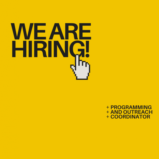 An infographic with a yellow background. At the top right, black text reads "YCW Internship," and below, to the left, in large letters, reads "We are hiring!" with a hand cursor on the "g". Underneath, smaller black text reads "Programming and Outreach Coordinator," "Deadline May eleven, twenty-twenty-six," "more info in caption."